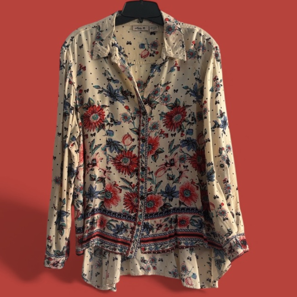 Lola P. Floral Bohemian Button Up Women Shirt‎ Blouse Size L